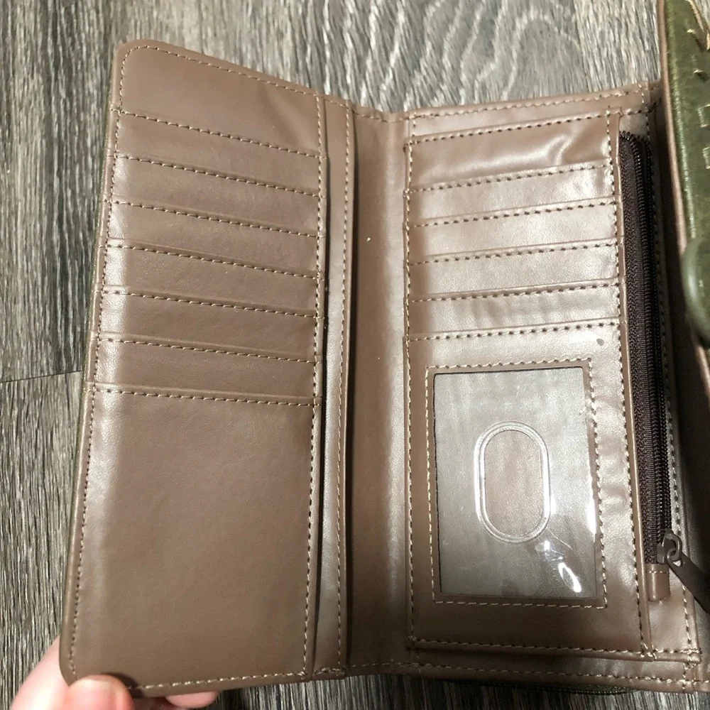 b.o.c. Born Concept OliveGreen Vegan Leather Whipstitch Trifold Organizer Wallet